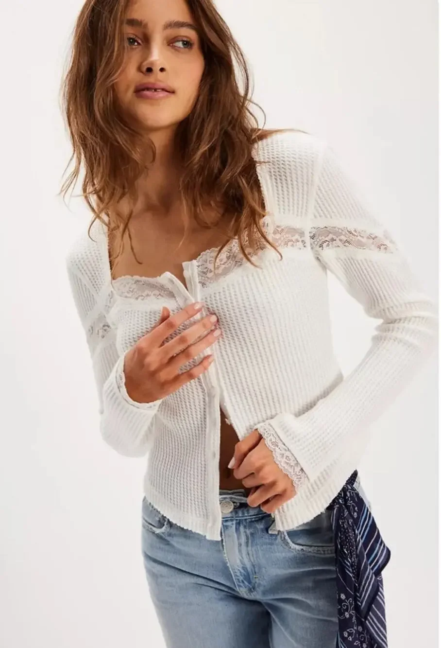 Free People Let’s Party Waffle Knit Cardigan • Lace Trim • White • Size Large